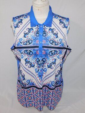 EP NY Blue Pink White Paisley Sleeveless Golf Polo Shirt Womens XL